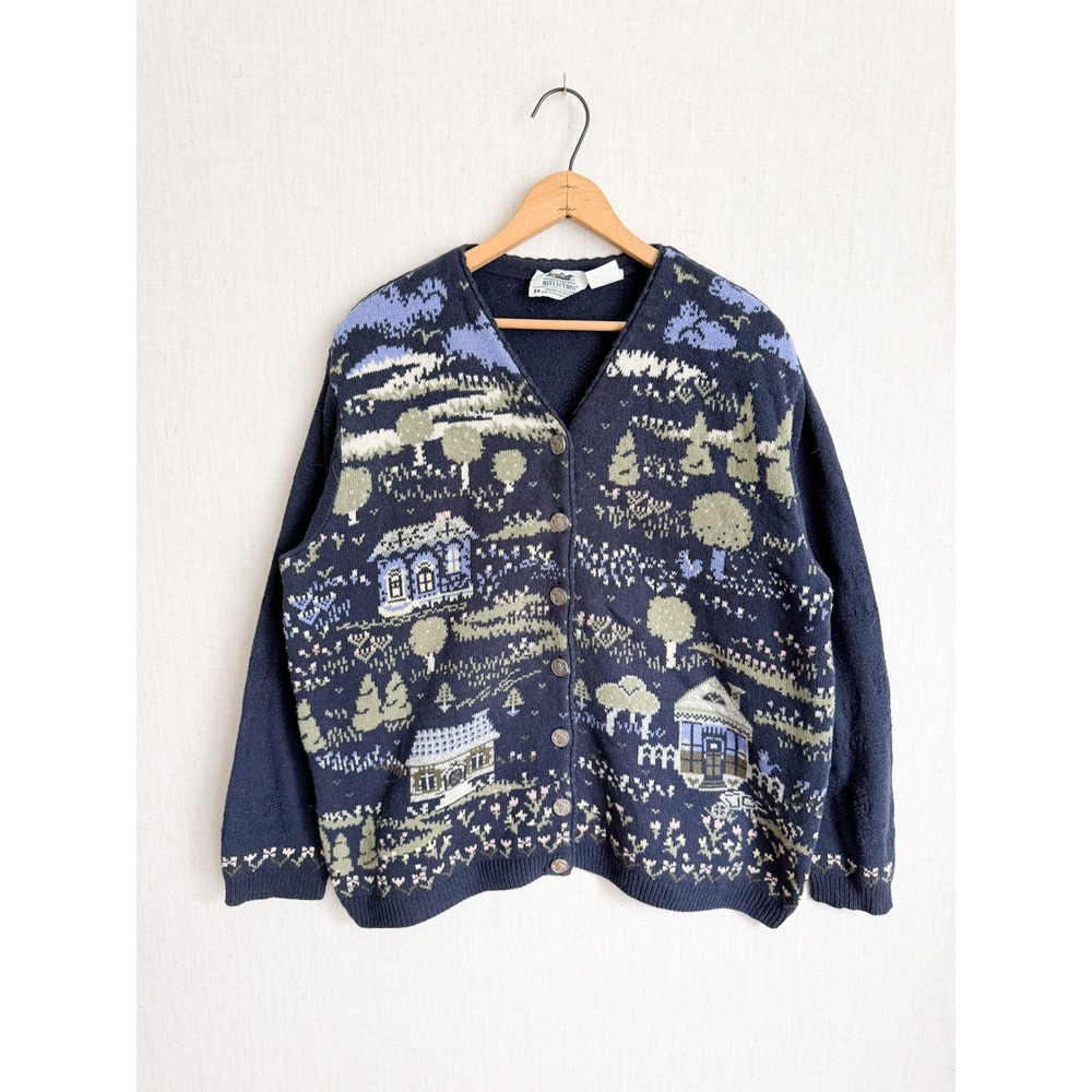 Northern Reflections Cardigan Scenic Cottage Landscape Large Navy Blue V-Neck L